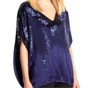 HALSTON HERITAGE STUNNING SEQUIN EMBELLISHED SILK SIDE TIE TOP IN SAPPHIRE OS